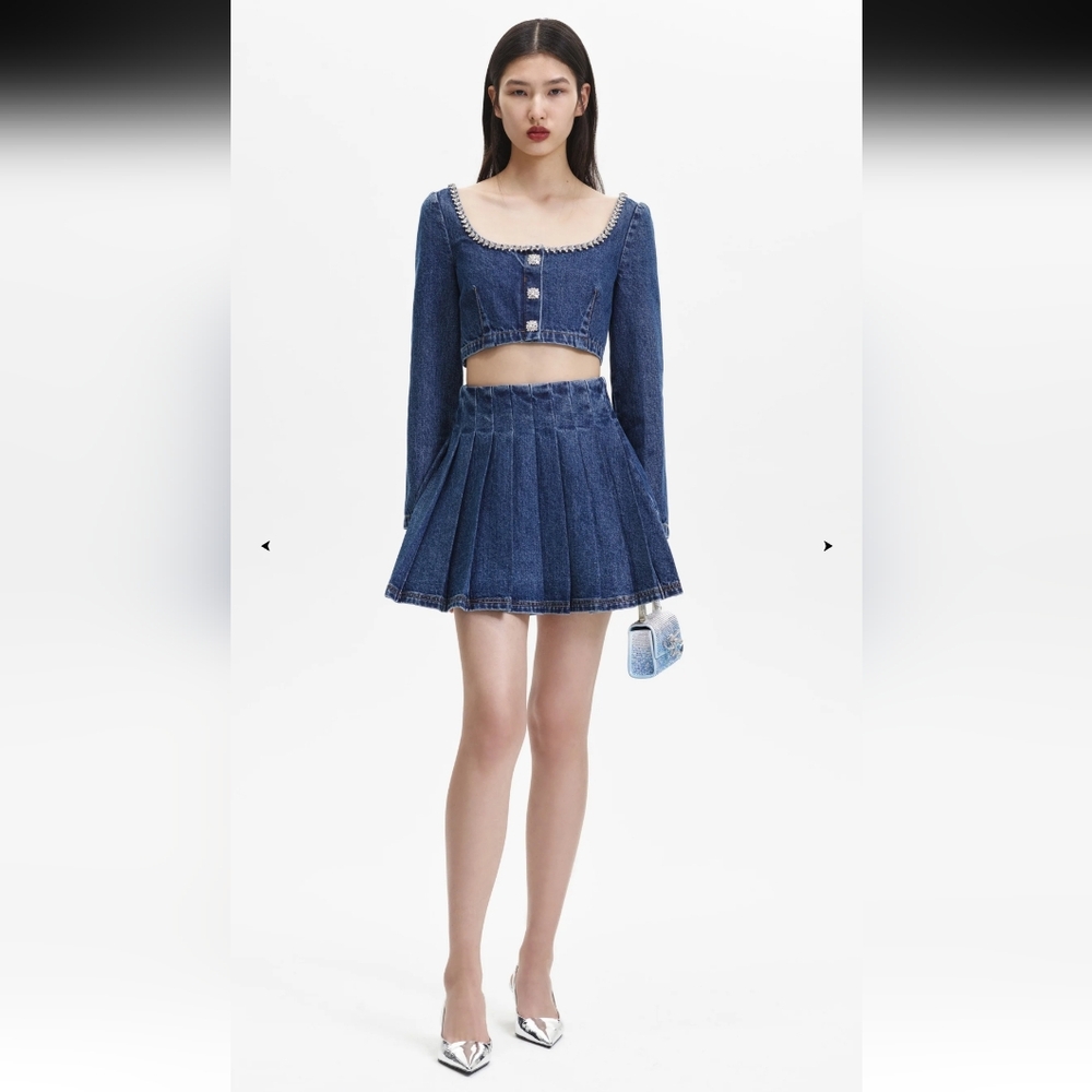 NWT Self-Portrait Pleated Denim Mini Skirt 100% Cotton Size 4 (measures size 6)